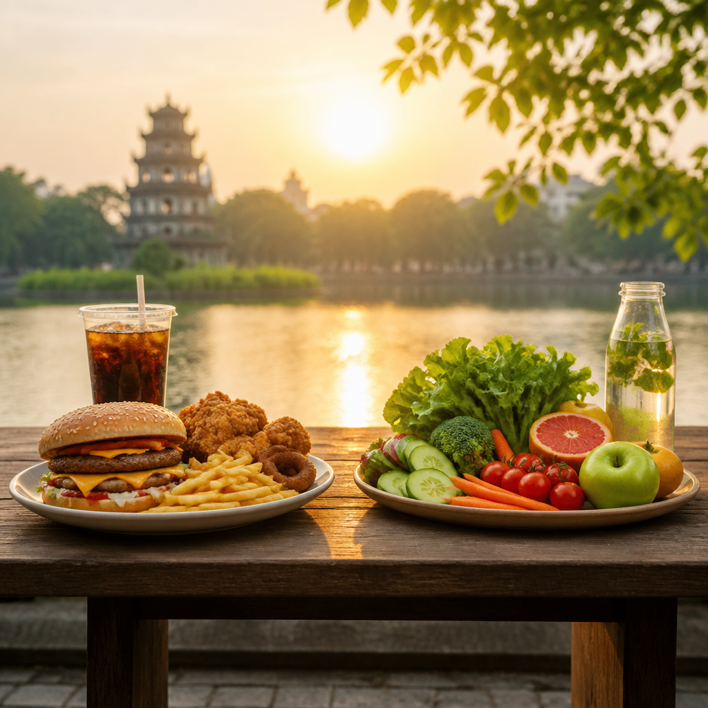 Bàn ăn bày trí các thực phẩm không lành mạnh như đồ chiên, ngọt và bên cạnh là rau củ quả tươi