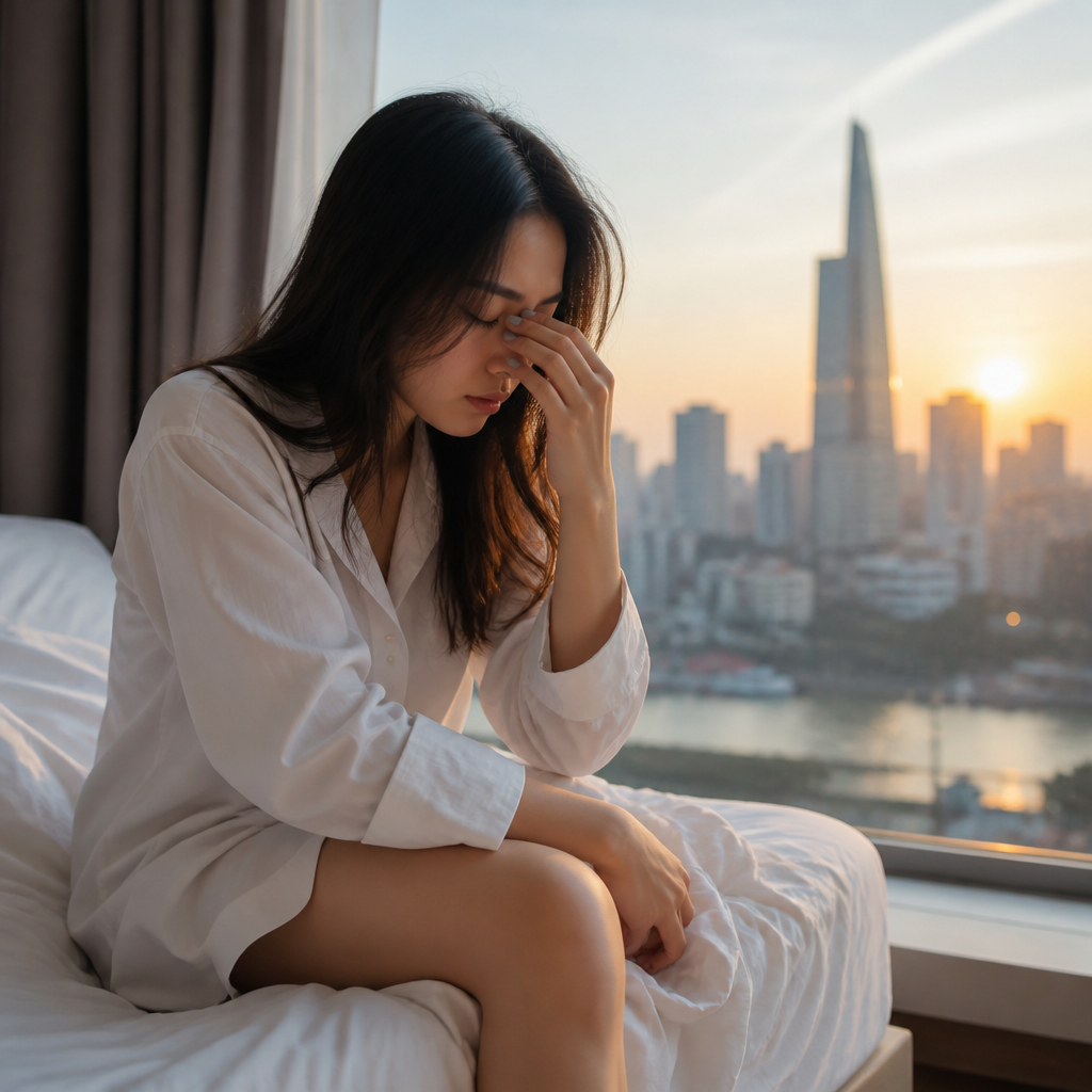 Người phụ nữ trẻ với vẻ mặt mệt mỏi, mắt thâm quầng, thể hiện tác động của thiếu ngủ và căng thẳng