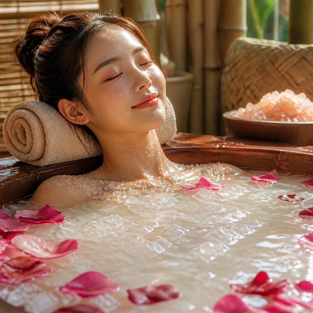 Bồn tắm chứa nước ấm với muối và hoa, biểu tượng cho việc tắm thải độc và thư giãn với muối