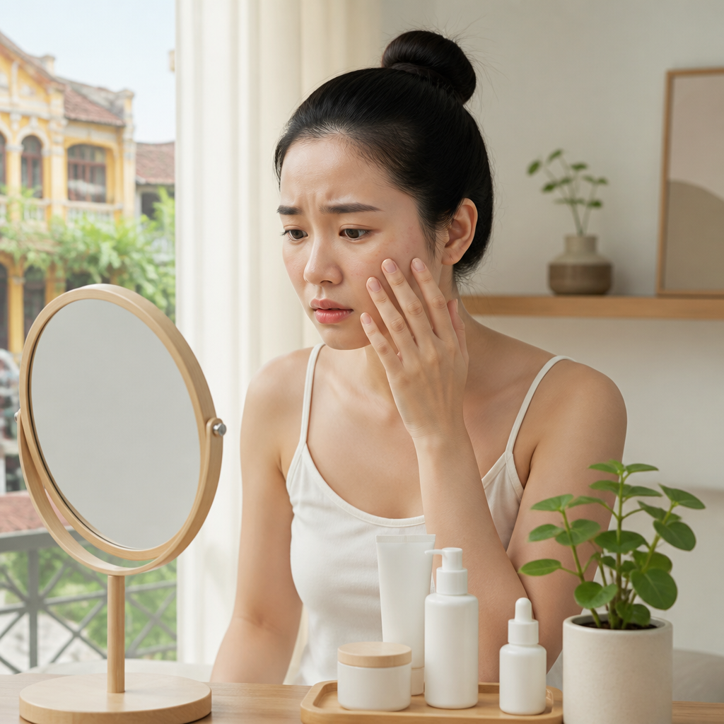 Hình ảnh một người phụ nữ trẻ đang soi gương với vẻ mặt lo lắng, cho thấy tác động của stress lên làn da, một phần của Hành Trình Chuyển Đổi Làn Da: Câu Chuyện Thật Về Cách Chống Lại Tác Động Của Stress Và Lối Sống Đến Vẻ Đẹp.