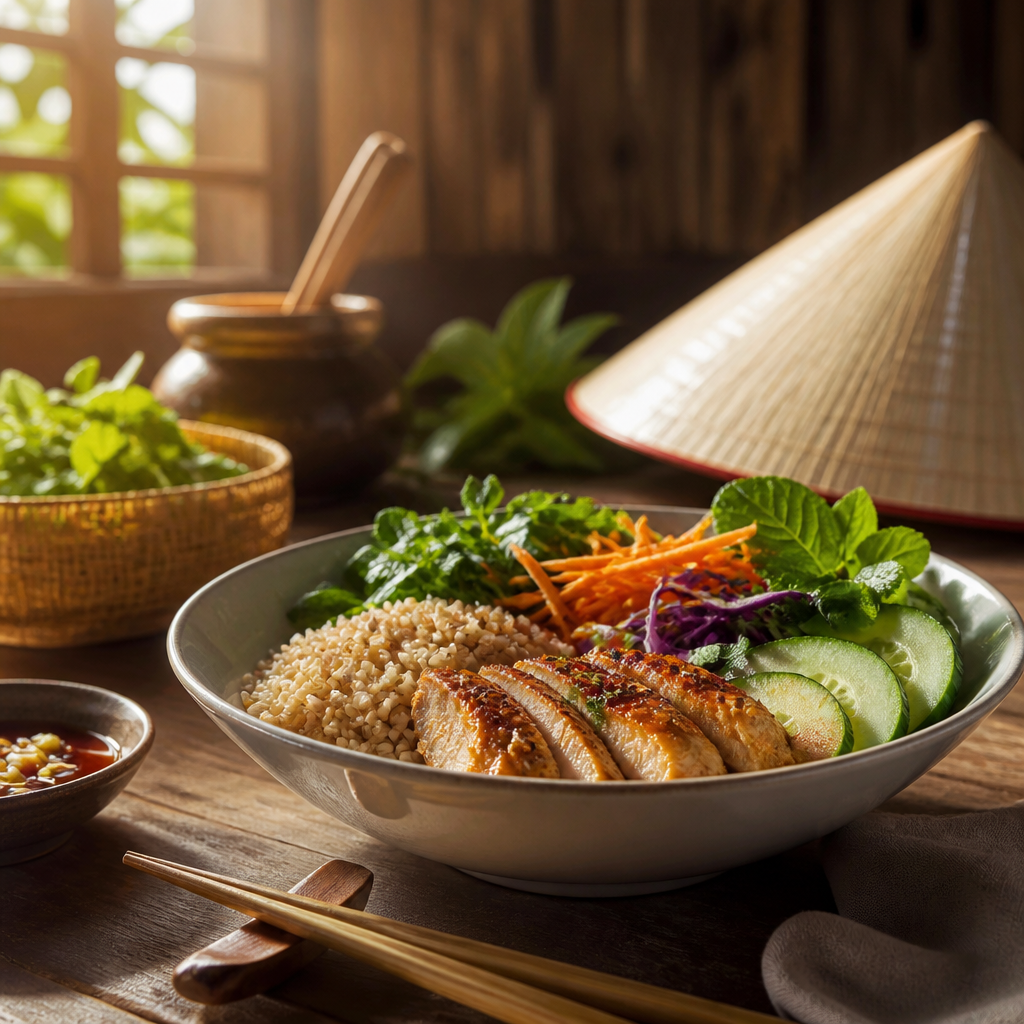 Bàn ăn với đầy đủ rau xanh, trái cây tươi và các loại hạt, minh họa chế độ dinh dưỡng khoa học hỗ trợ Hành Trình Chuyển Đổi Làn Da.