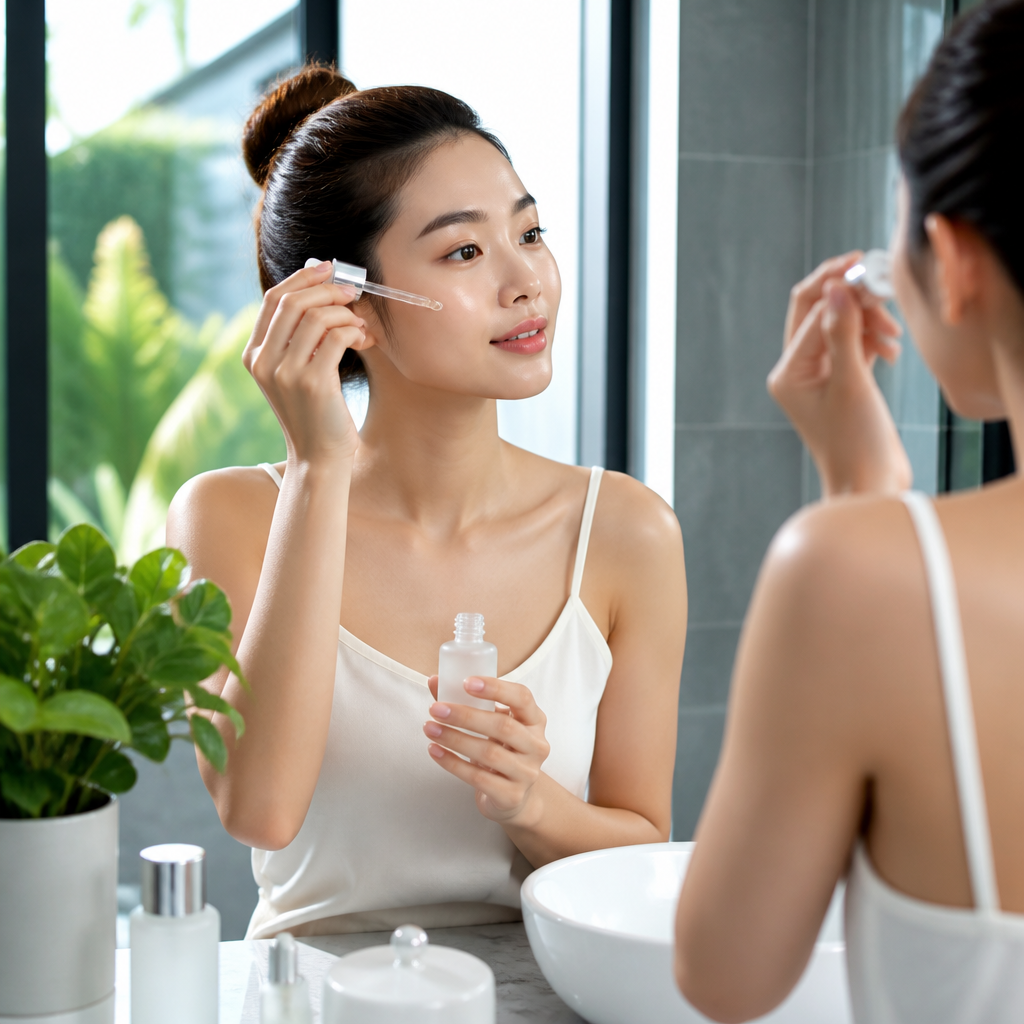 Một người phụ nữ trẻ đang nhẹ nhàng thoa serum lên mặt trong phòng tắm, thể hiện quy trình chăm sóc da chuyên sâu trong Hành Trình Chuyển Đổi Làn Da.