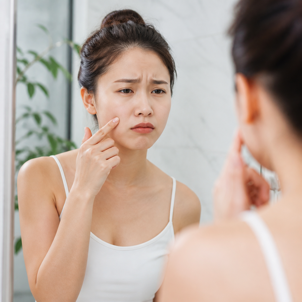 Người phụ nữ lo lắng nhìn vào làn da sạm màu và khô ráp của mình