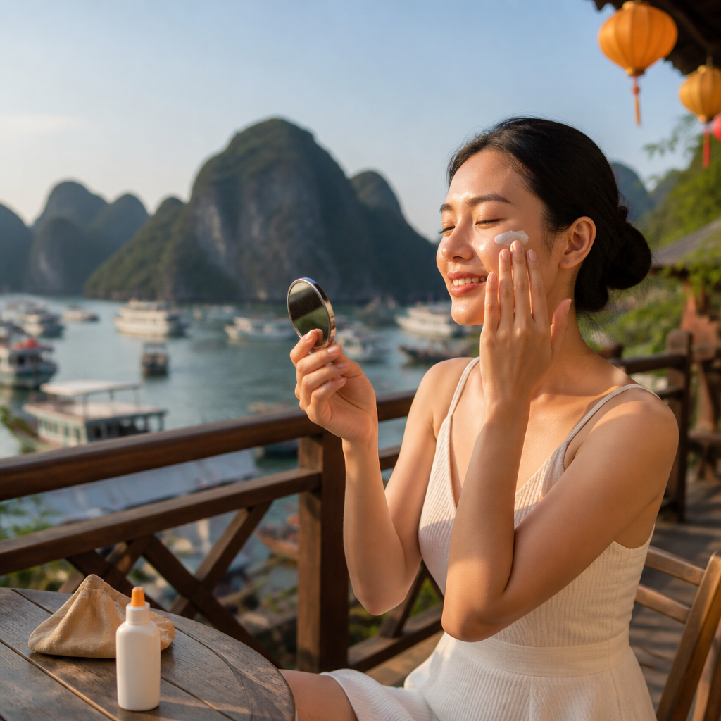 Người phụ nữ thoa kem chống nắng lên mặt để bảo vệ da khỏi tác hại của ánh nắng