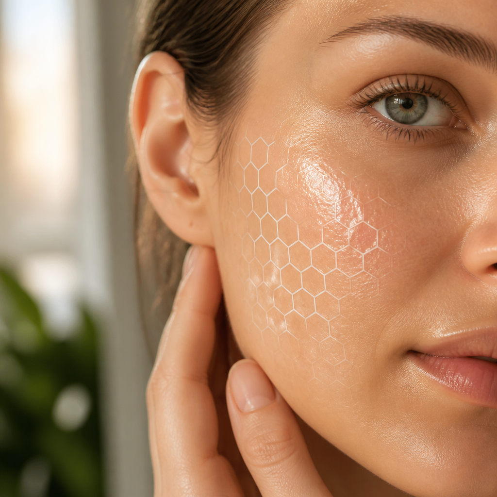 Hình ảnh cận cảnh các thành phần hoạt tính (peptide, collagen, HA) tác động lên tế bào da và hệ cơ