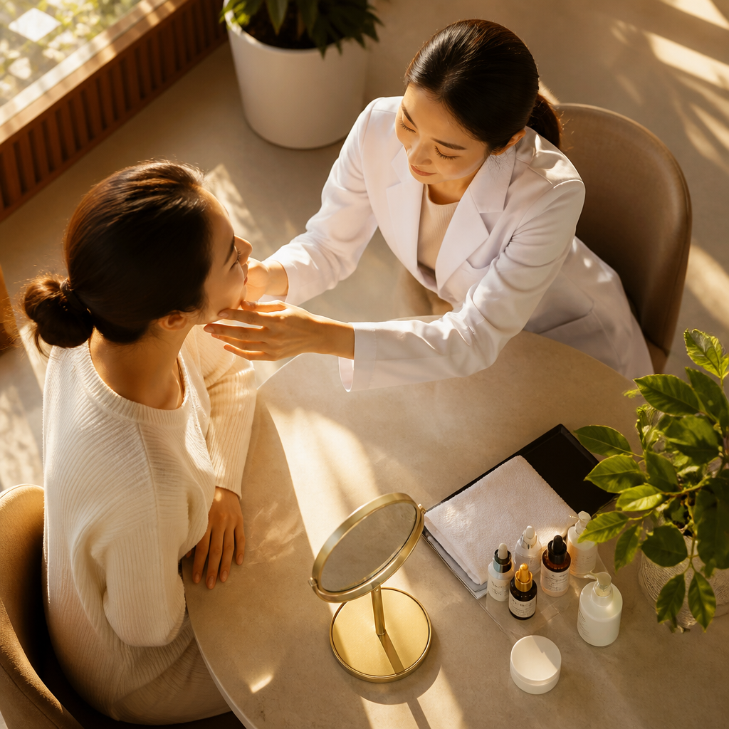 Chuyên gia da liễu đang tư vấn cho khách hàng về kế hoạch chăm sóc da.