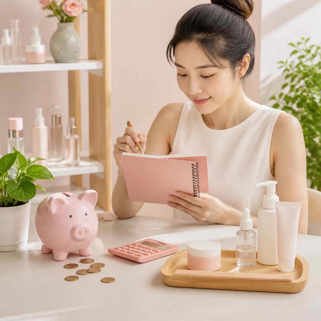 Một người phụ nữ trẻ đang lập danh sách các sản phẩm làm đẹp cần mua và kiểm tra ngân sách trên máy tính bảng.