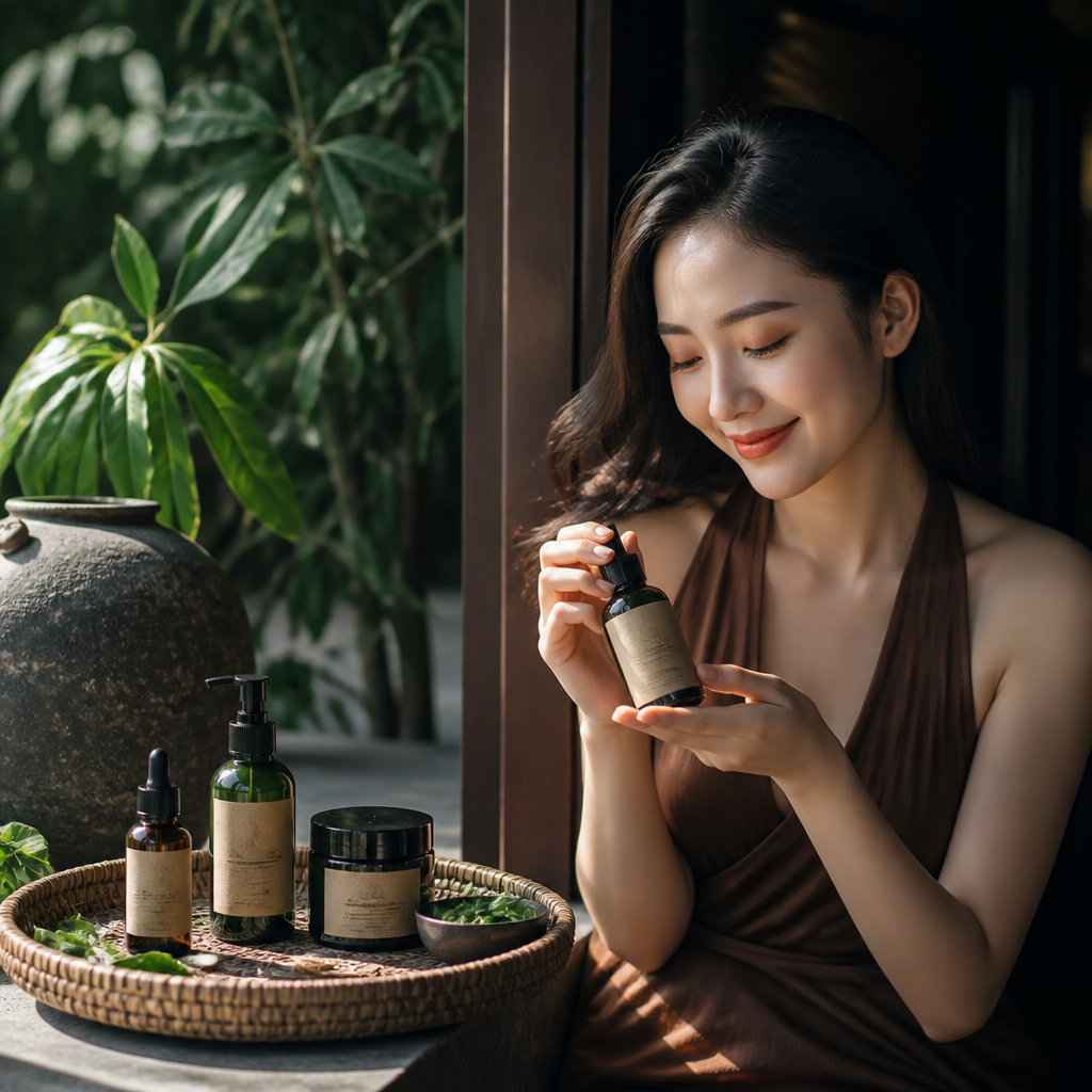 Một người phụ nữ trẻ đang kiểm tra thông tin sản phẩm và cửa hàng online trên máy tính xách tay để đảm bảo mua được mỹ phẩm chính hãng.
