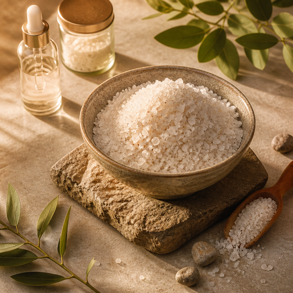 Một bộ sản phẩm chăm sóc da bao gồm kem dưỡng ẩm, serum và chai xịt khoáng, đặt cạnh một bát muối khoáng nhỏ, thể hiện việc kết hợp muối khoáng vào quy trình chăm sóc da