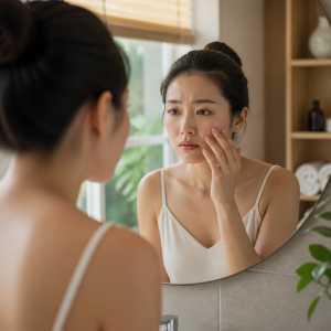 Người phụ nữ trẻ đang soi gương, nhìn vào làn da xỉn màu và có vẻ buồn bã.