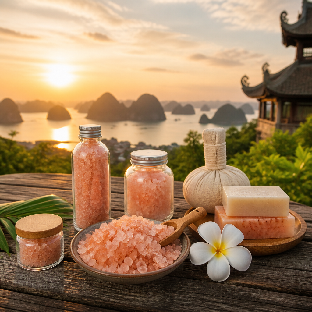 Các loại muối khoáng làm đẹp được đặt trong bát gỗ, xung quanh là hoa khô và khăn mềm, tạo cảm giác thư giãn, tự nhiên.