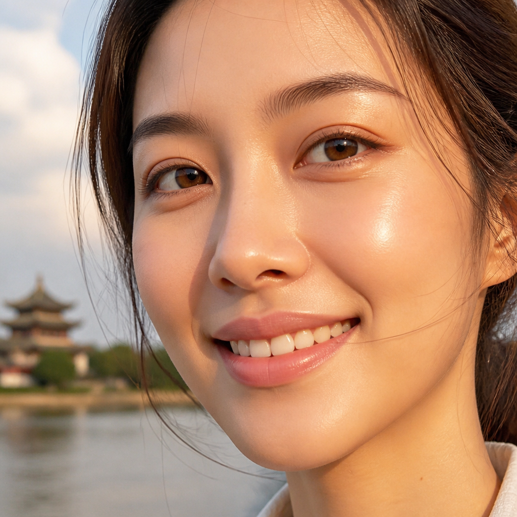 Người phụ nữ trẻ với làn da sáng mịn, rạng rỡ, biểu cảm vui vẻ và tự tin.