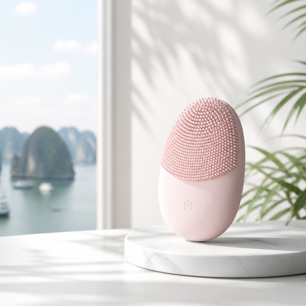 Một bộ dụng cụ bao gồm máy rửa mặt điện tử bằng silicone màu hồng và cọ massage mặt chuyên dụng, đặt trên nền trắng tinh tế, thể hiện sự đa dạng của sản phẩm bổ trợ da.