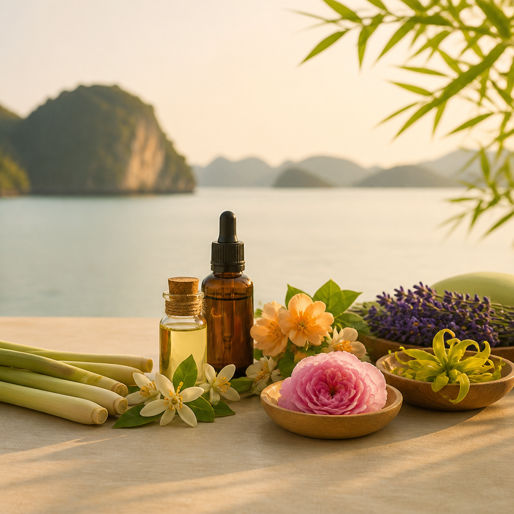 Các lọ tinh dầu thiên nhiên với nhãn mác đơn giản, cùng với những bông hoa oải hương và cánh hoa hồng khô, thể hiện sự đa dạng và nguồn gốc tự nhiên của các loại tinh dầu dưỡng da.