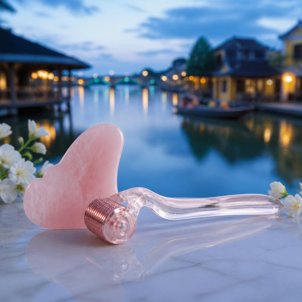 Bộ dụng cụ làm đẹp tại nhà bao gồm một con lăn lăn kim (dermaroller) và một miếng đá gua sha màu hồng, tượng trưng cho các dụng cụ làm đẹp chăm sóc da chuyên sâu.