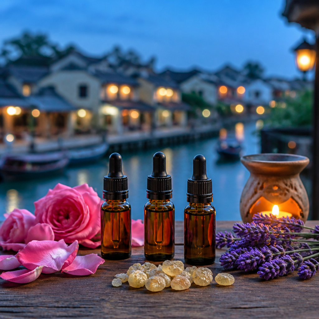 Bộ sưu tập các chai tinh dầu hoa hồng, nhũ hương và oải hương thiên nhiên