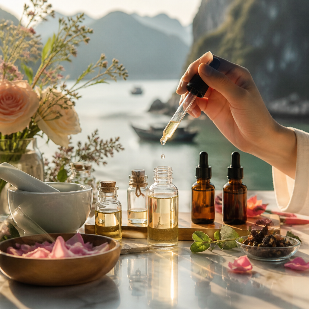 Quá trình pha chế tinh dầu dưỡng da chống lão hóa với chai nhỏ giọt và các nguyên liệu