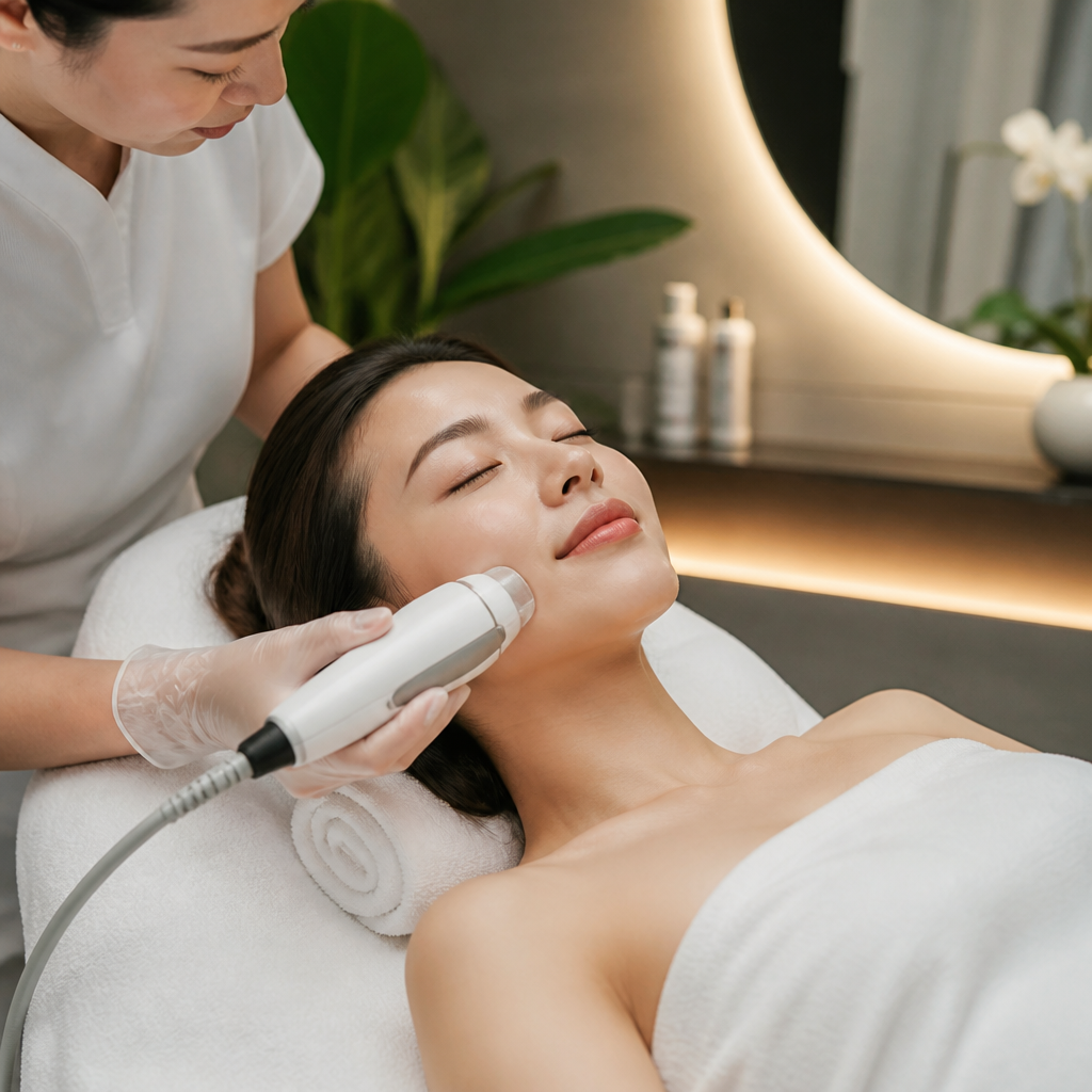 Khách hàng đang trải nghiệm liệu trình nâng cơ không xâm lấn tại Viện Thẩm mỹ Hera Beauty.