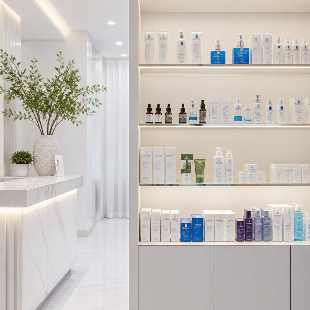 Các sản phẩm chăm sóc da và viên uống làm đẹp được trưng bày chuyên nghiệp trong một không gian thẩm mỹ viện