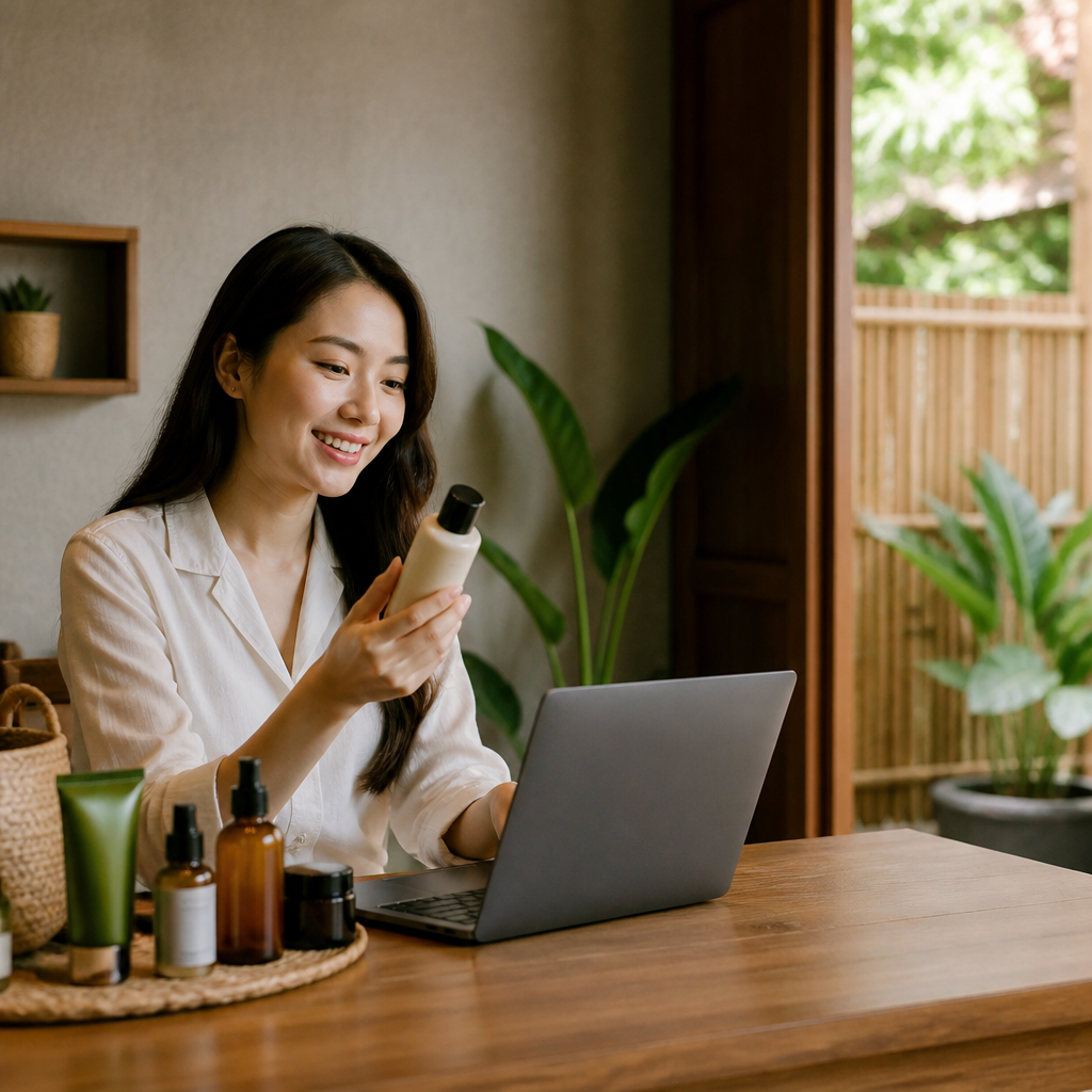 Người phụ nữ đang xem xét các sản phẩm làm đẹp trực tuyến trên máy tính xách tay với các gói combo và ưu đãi