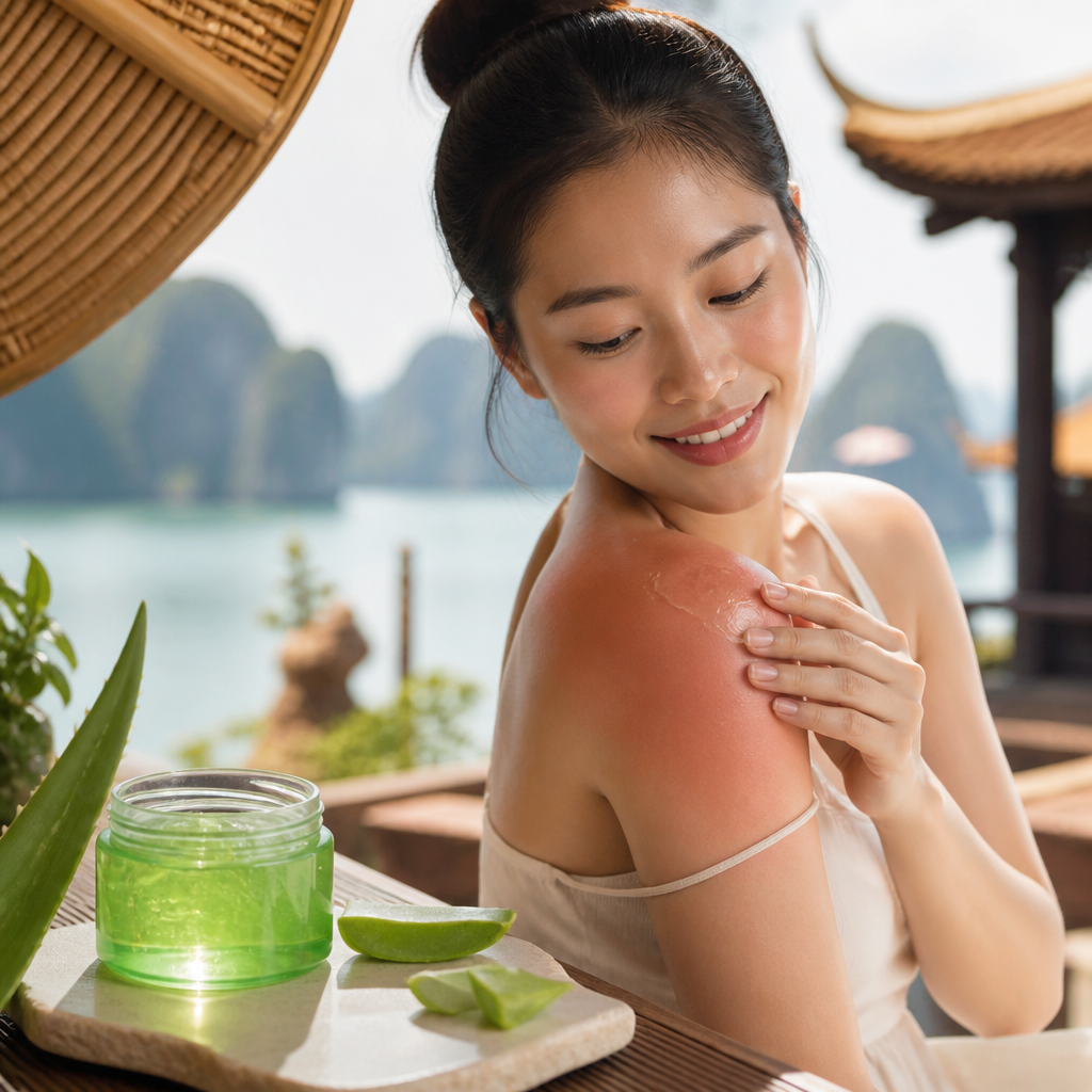 Người phụ nữ thoa gel lô hội lên cánh tay bị cháy nắng