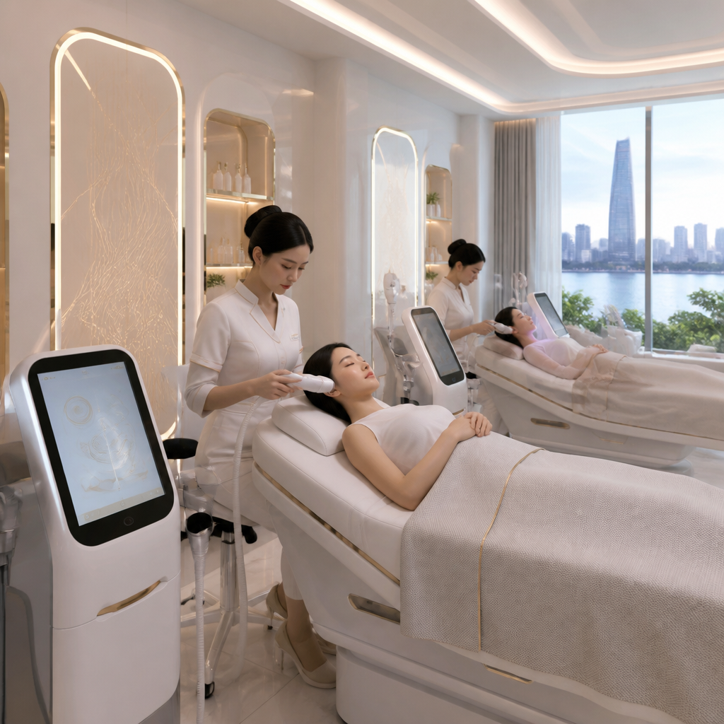 Một không gian spa hiện đại với công nghệ AI trong chăm sóc da 2026, thể hiện sự tích hợp công nghệ cao vào trải nghiệm làm đẹp.