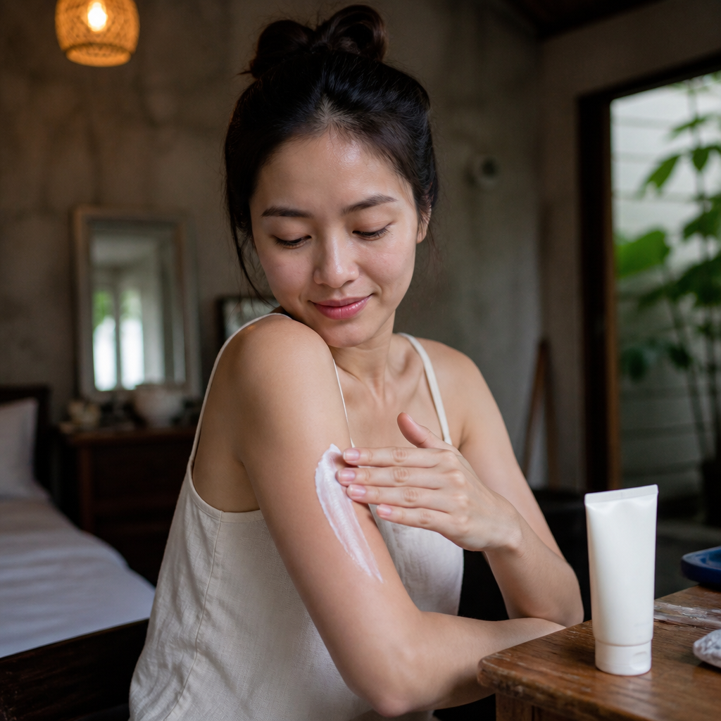 Người phụ nữ thoa kem nhả nắng hiệu quả lên vùng da cánh tay sau khi đi nắng