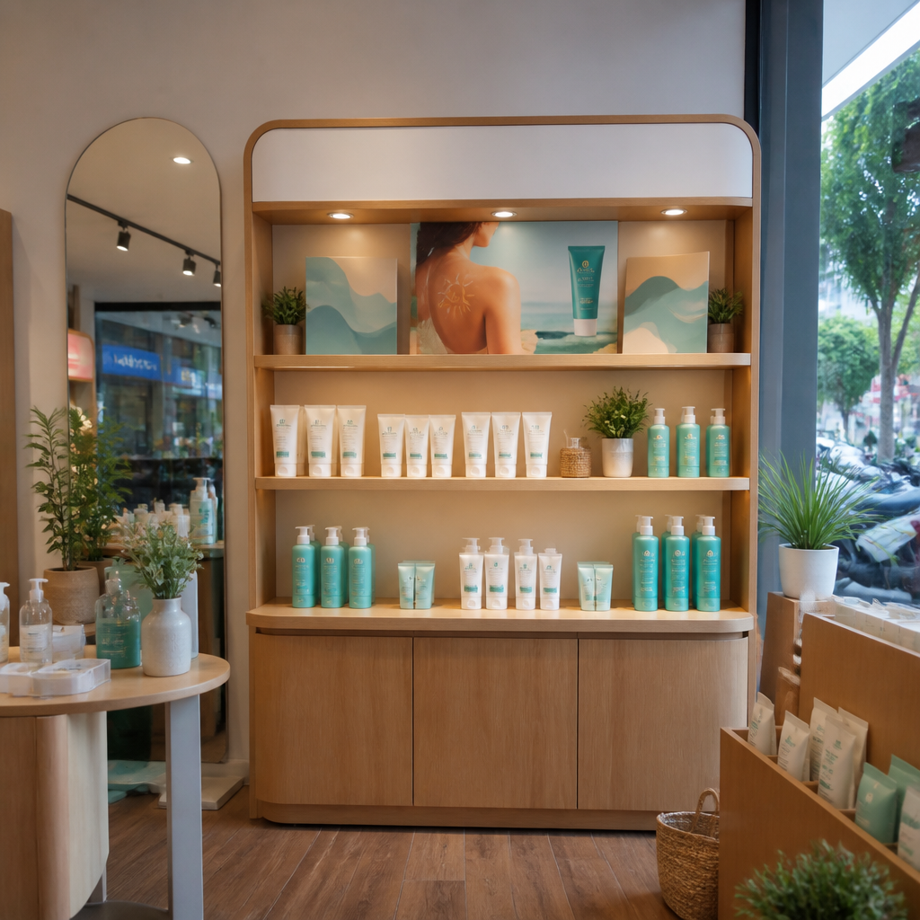 Trưng bày các sản phẩm chăm sóc da tại Viện Thẩm mỹ Hera Beauty