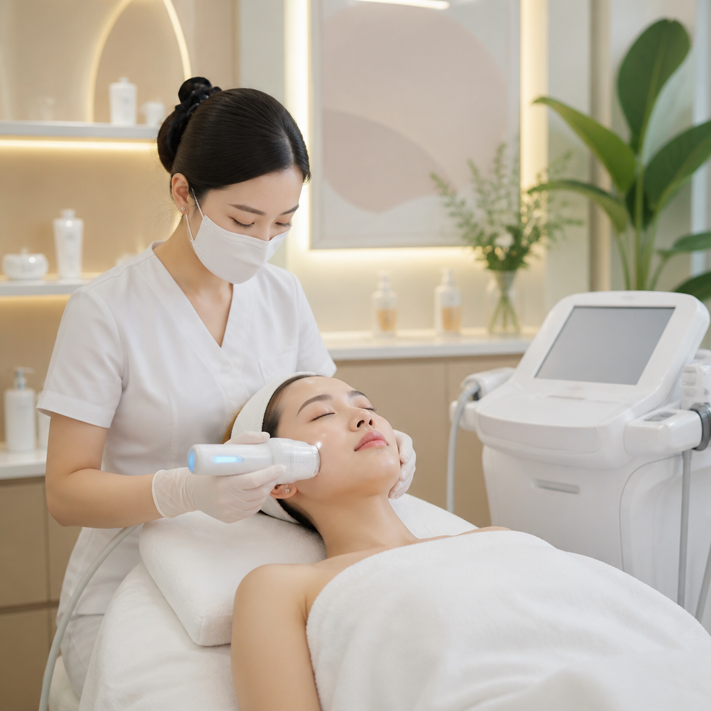 Khách hàng trải nghiệm liệu trình chăm sóc da bằng máy thẩm mỹ AI