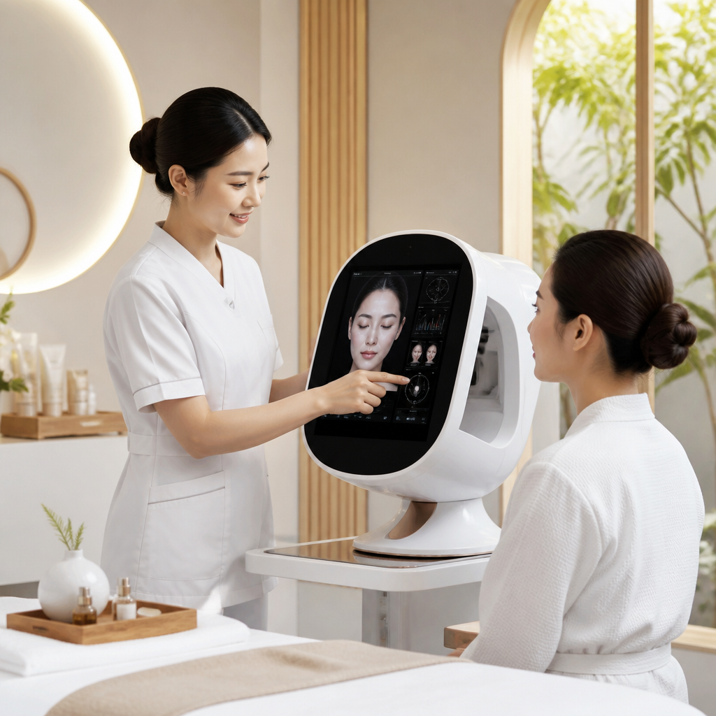 Chuyên viên thẩm mỹ sử dụng thiết bị AI để chẩn đoán da cho khách hàng