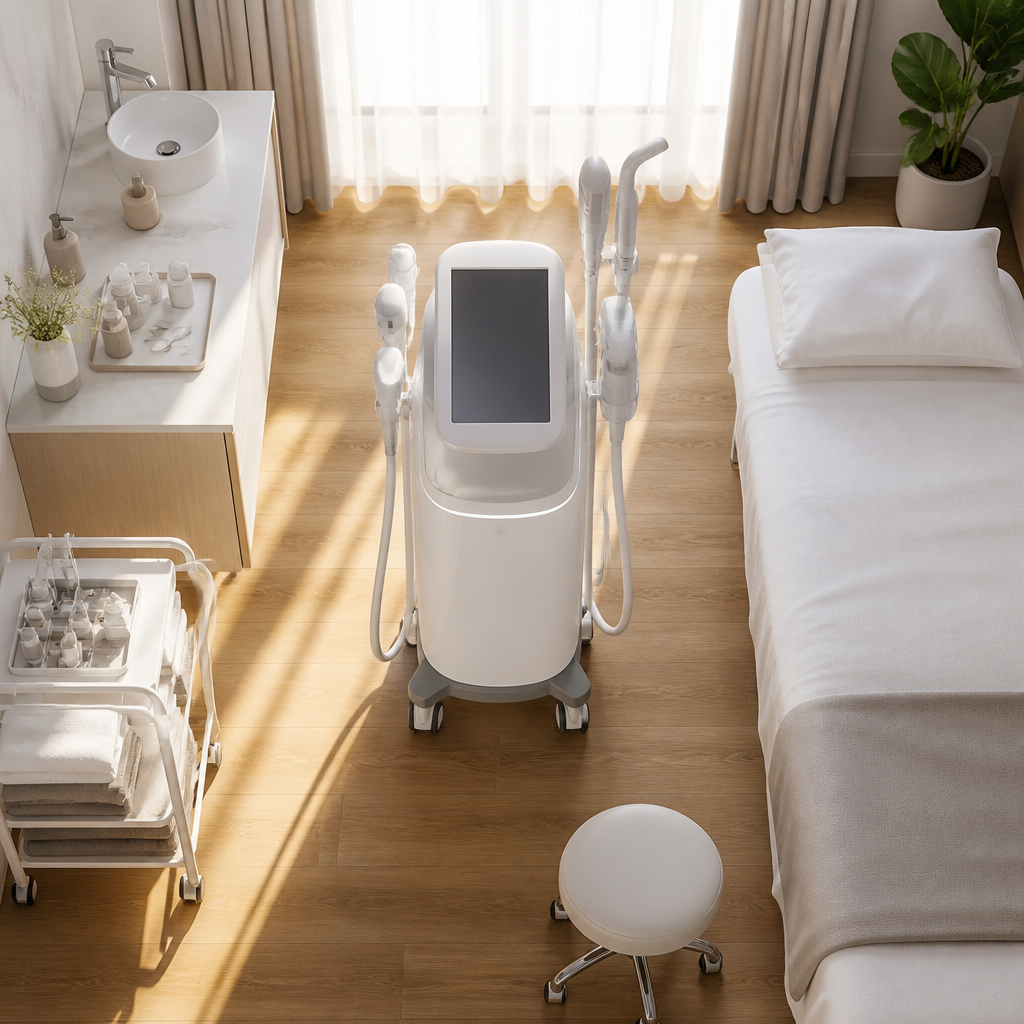 Khu vực điều trị tại spa với máy móc thẩm mỹ AI hiện đại