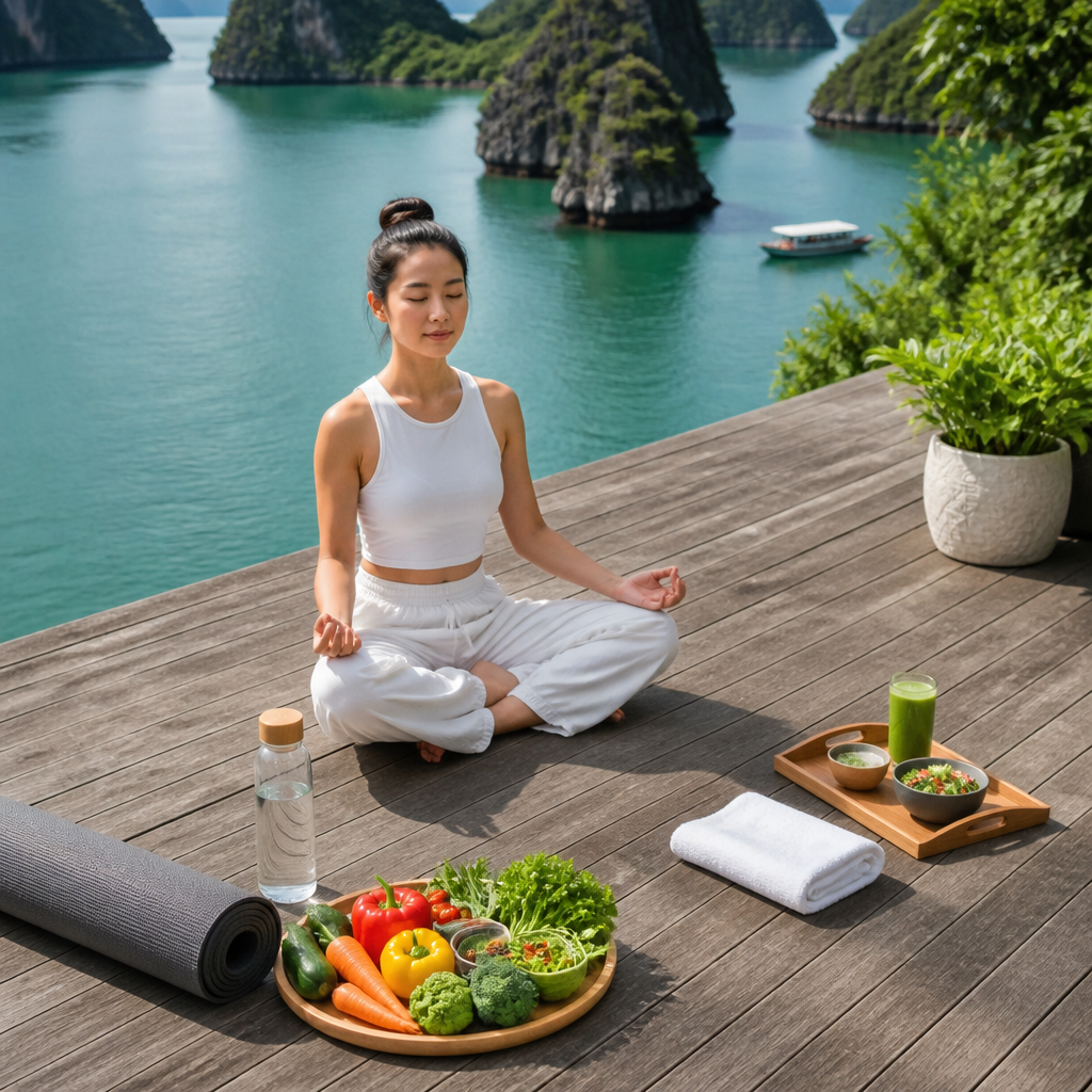 Một người phụ nữ đang ngồi thiền trong không gian xanh mát, thể hiện sự thư thái và giảm căng thẳng để giữ dáng đẹp.