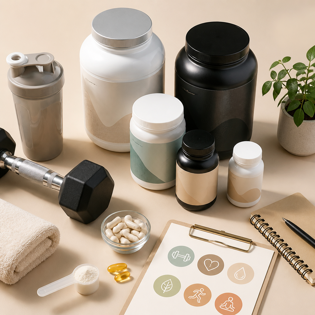 Các loại chai đựng thực phẩm bổ sung, vitamin và khoáng chất hỗ trợ sức khỏe và vóc dáng.