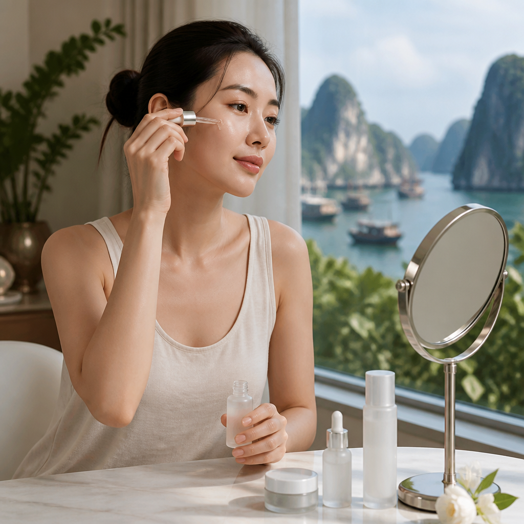 Một người phụ nữ đang nhẹ nhàng thoa serum lên mặt, minh họa bước dưỡng chất trong quy trình chăm sóc da khoa học