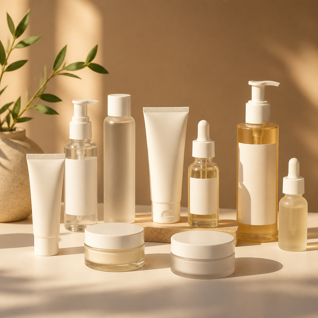 Một bộ sưu tập các sản phẩm chăm sóc da đa dạng được sắp xếp gọn gàng trên kệ, bao gồm kem dưỡng, serum và toner