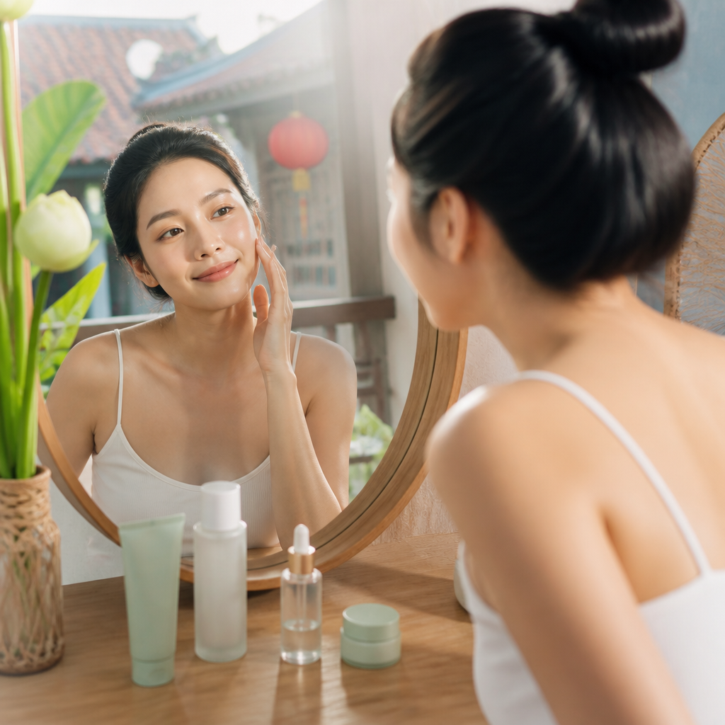 Một phụ nữ đang kiểm tra làn da của mình trong gương, minh họa sự quan tâm đến tình trạng da và lựa chọn sản phẩm phù hợp