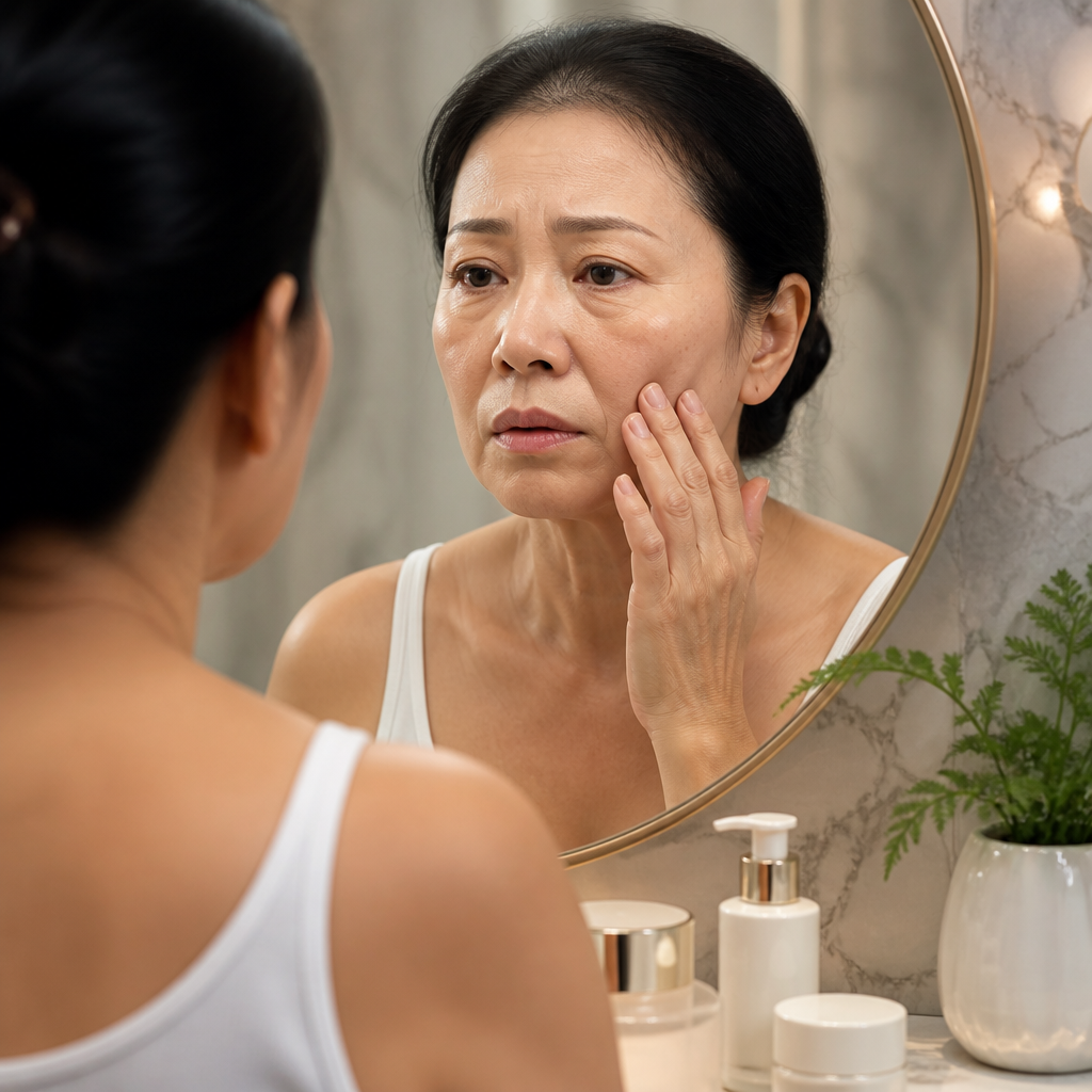 Gương mặt phụ nữ với làn da chảy xệ và nếp nhăn rõ rệt, thể hiện sự lo lắng về lão hóa.