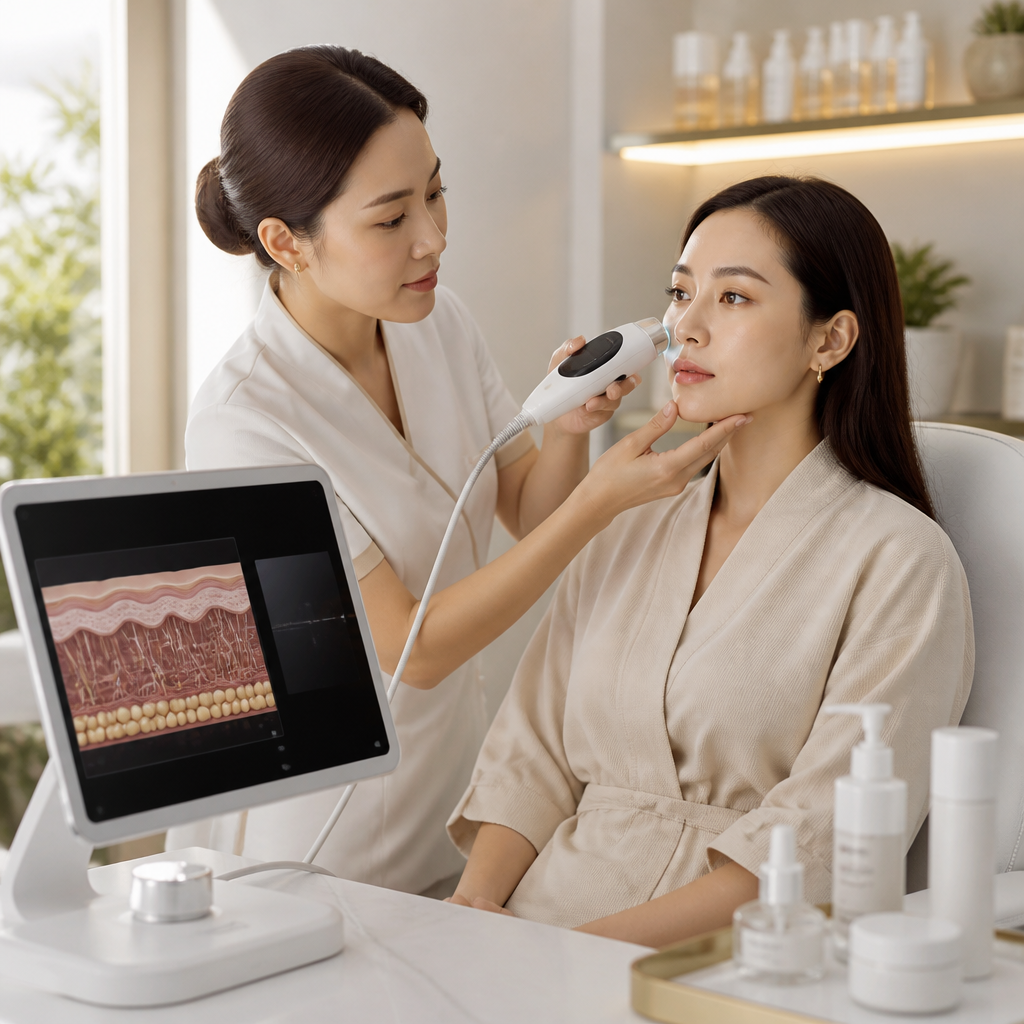 Chuyên gia thẩm mỹ đang sử dụng máy phân tích da hiện đại để kiểm tra tình trạng da của khách hàng.