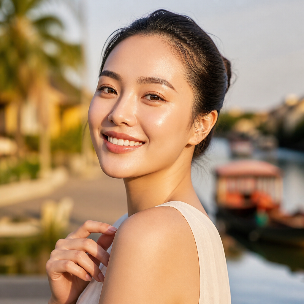 Gương mặt trẻ trung, làn da căng bóng và đều màu sau liệu trình tái tạo da chảy xệ.
