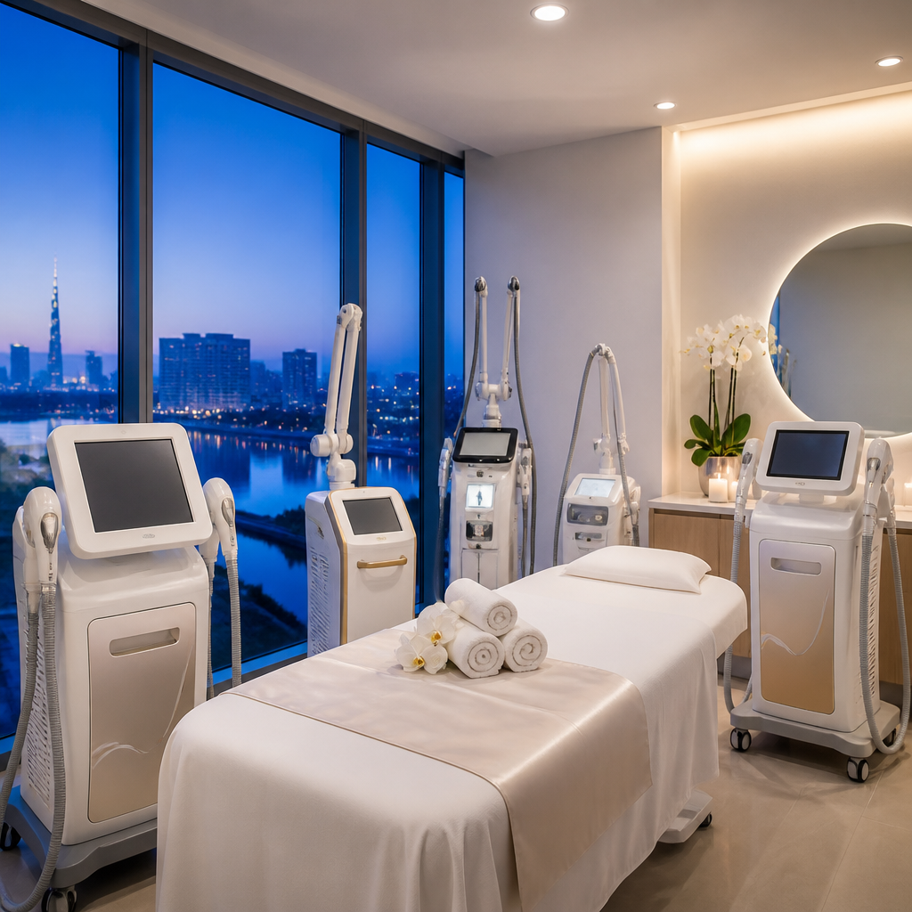 Các thiết bị thẩm mỹ hiện đại và tiên tiến được sử dụng trong không gian spa chuyên nghiệp.