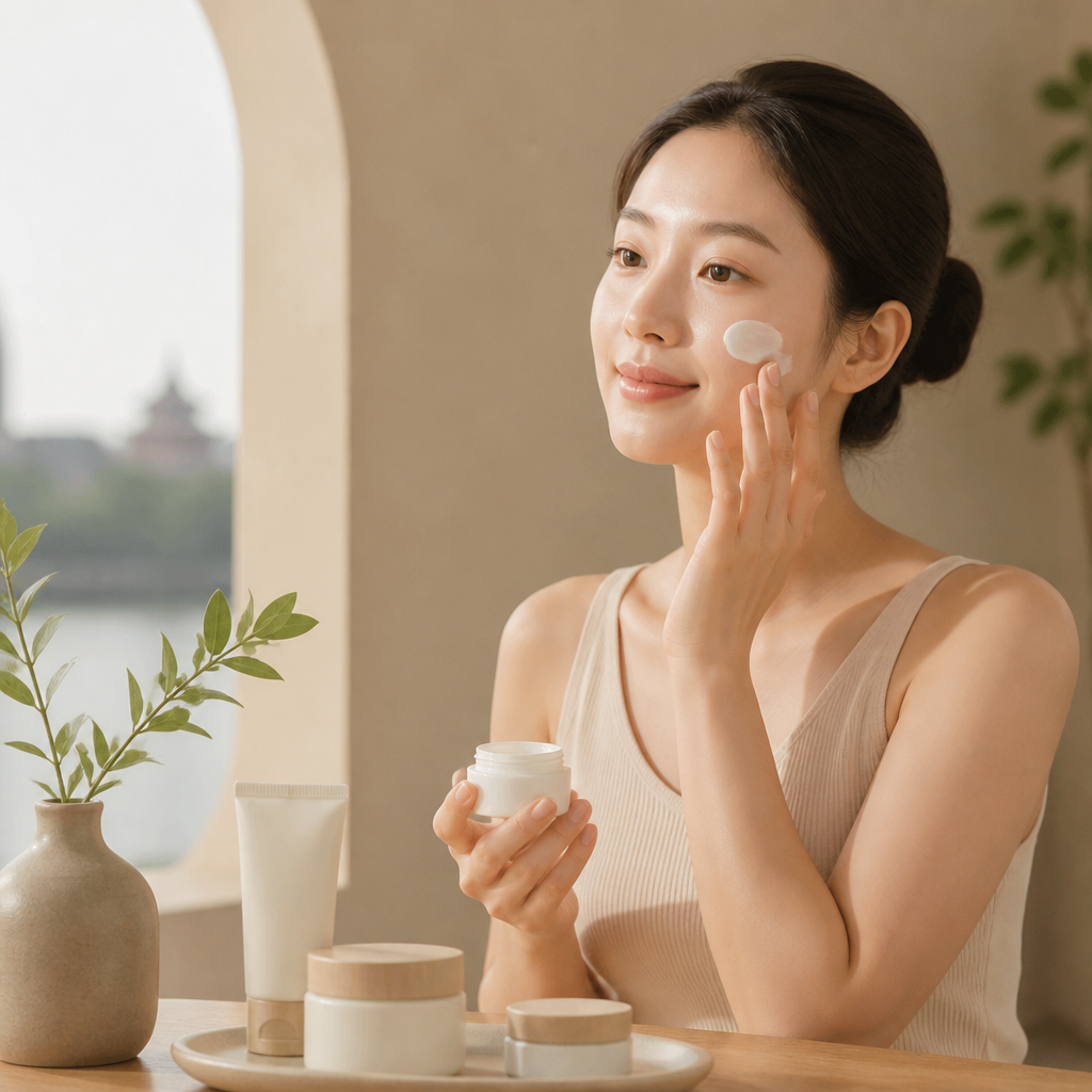 Một phụ nữ đang thoa kem dưỡng lên da mặt căng bóng và rạng rỡ, thể hiện quy trình chăm sóc da hàng ngày.