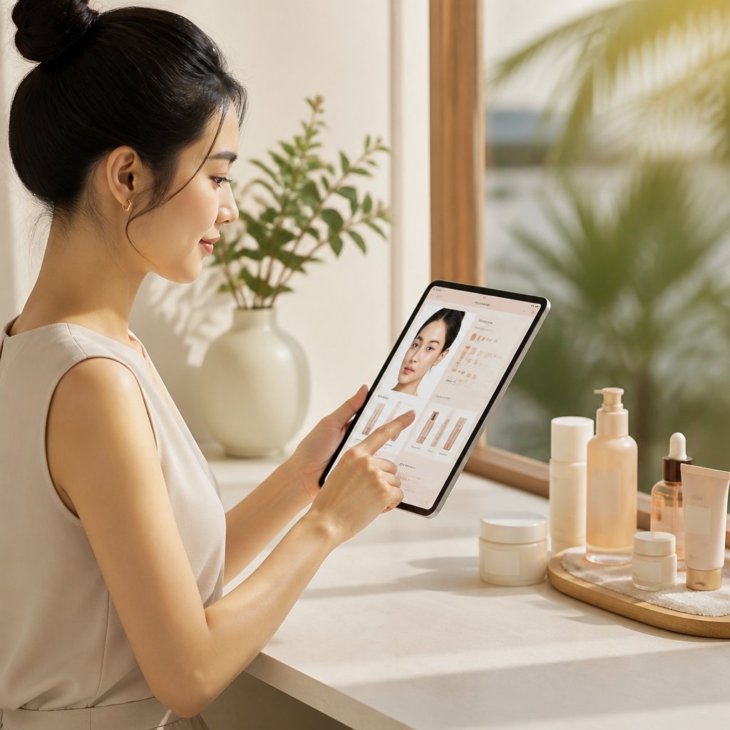 Một người phụ nữ đang sử dụng ứng dụng AI trên máy tính bảng để lựa chọn sản phẩm chăm sóc da phù hợp nhất