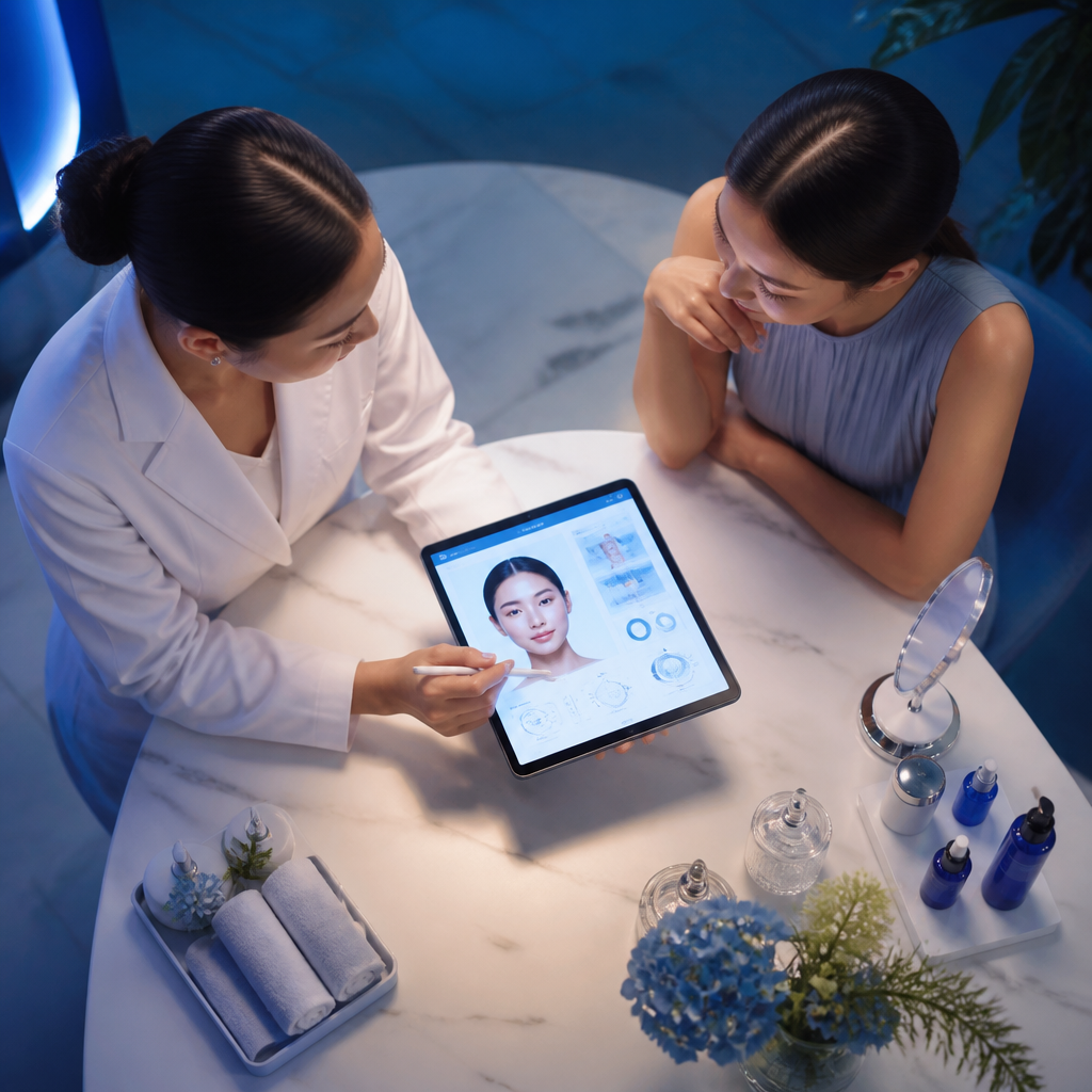 Chuyên gia chăm sóc da của Hera Beauty tư vấn khách hàng dựa trên báo cáo phân tích da từ AI